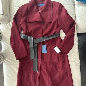 Cole Haan Deep Red Trench Coat with Black Belt